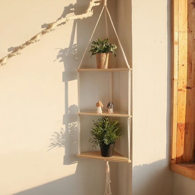 Triple Hanging Corner Macrame Shelves