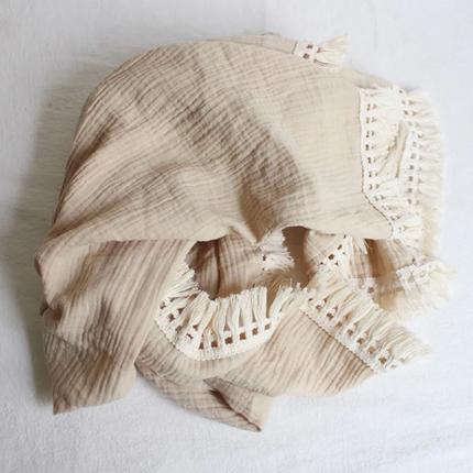 Cotton Muslin Swaddle Blanket with fringe trim