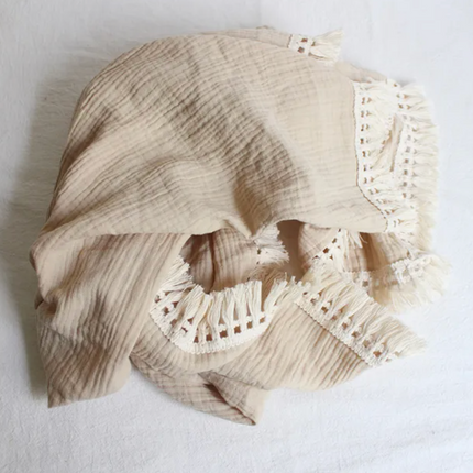 Cotton Muslin Swaddle Blanket with fringe trim