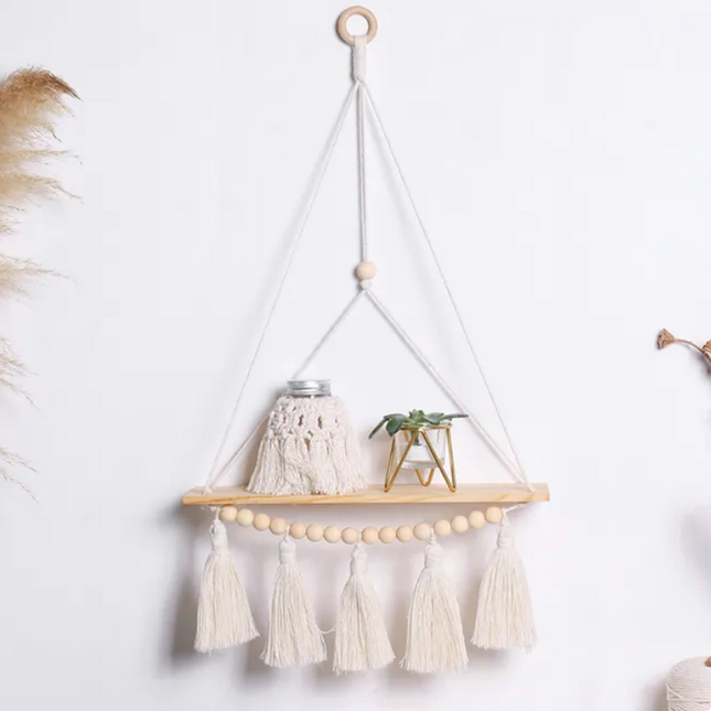 Macrame Shelf with Wooden Beads, Tassels