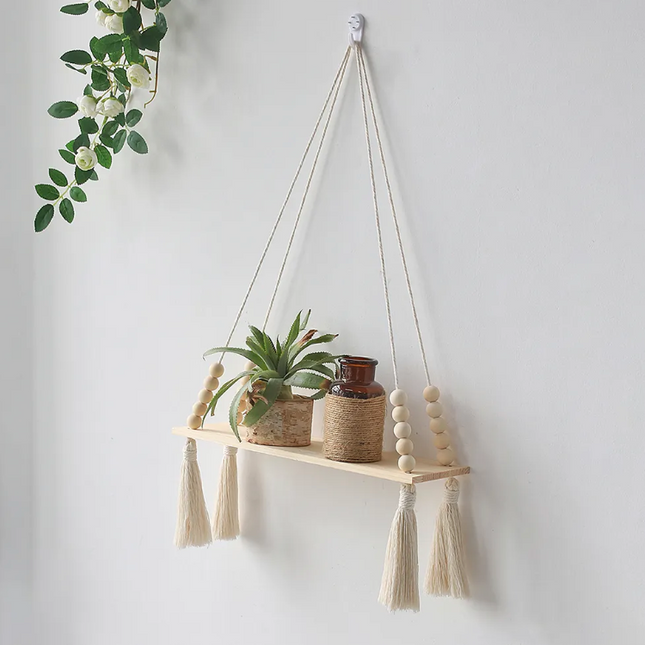 Macrame Hanging Shelf with Wooden Beads